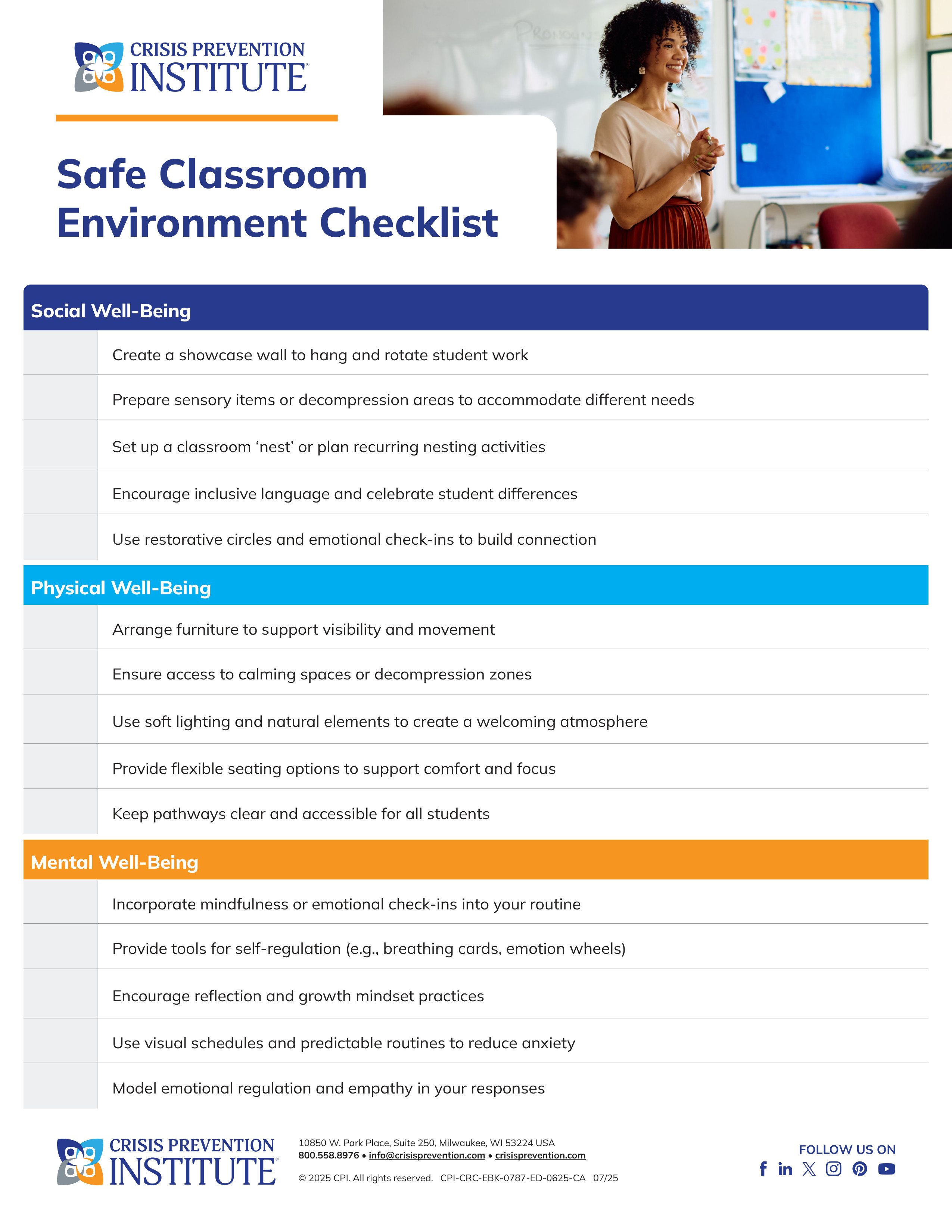 Safe Classroom Learning Environment Checklist for teachers